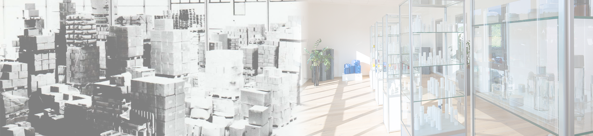 Links das alte Lager, rechts der neue Ausstellungsraum in Farbe.