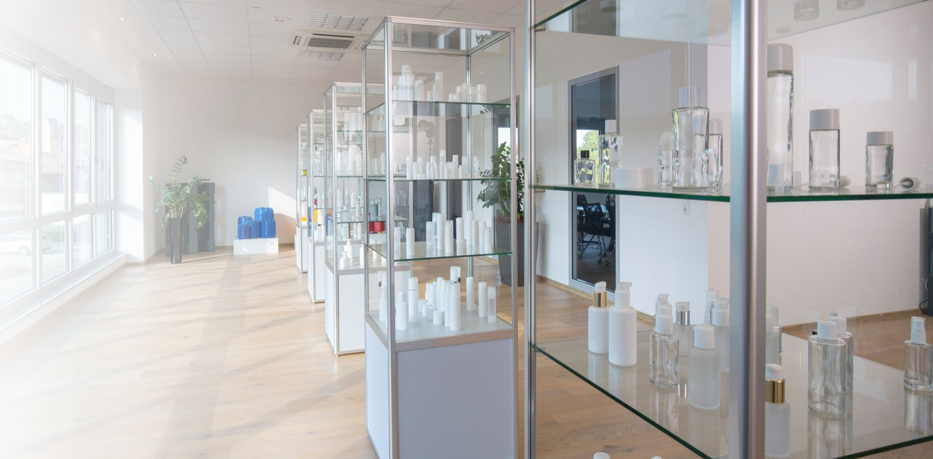 Ausstellungsraum mit Vitrinen und Packmittel in den Vitrinen